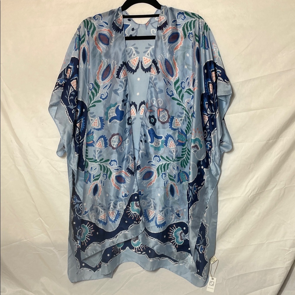 NWT Silky Lightweight Pretty Persuasions Baby Blue, Navy & Green Swim Coverup OS